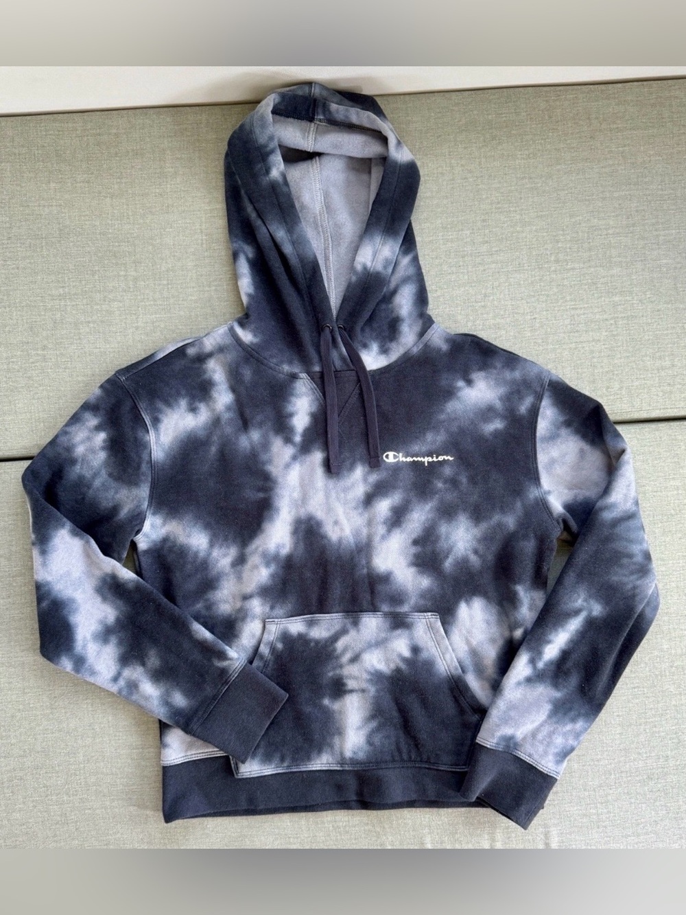 Champion Navy Tie Dye Pullover Fleece Hoodie Sweatshirt White Script Logo S